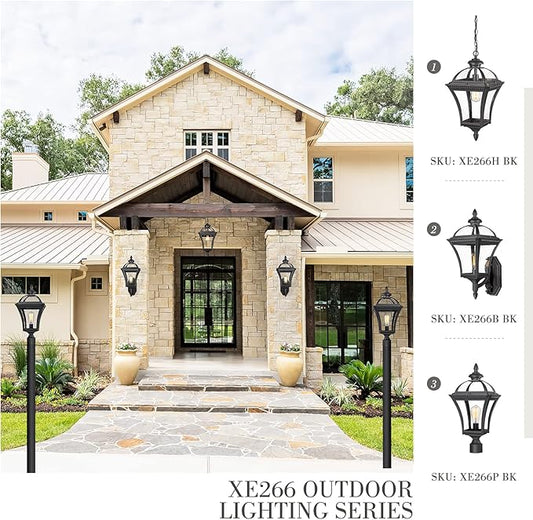 Emliviar 22 Inch Outdoor Post Light, Farmhouse Vintage Outside Pole Light for Yard, Aluminum with Seeded Glass, Black Finish, XE266P BK