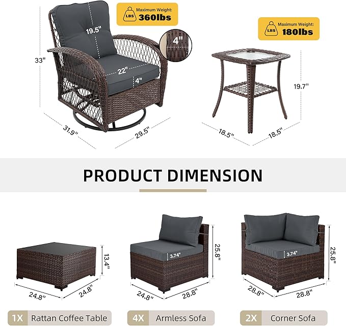 UPHA 10 Pieces Patio Furniture Sets Outdoor Sectional Sofa Wicker Conversation Couch with Bistro Swivel Chair for Decks, Backyards, Gardens, Brown Rattan, Dark Gray Cushion