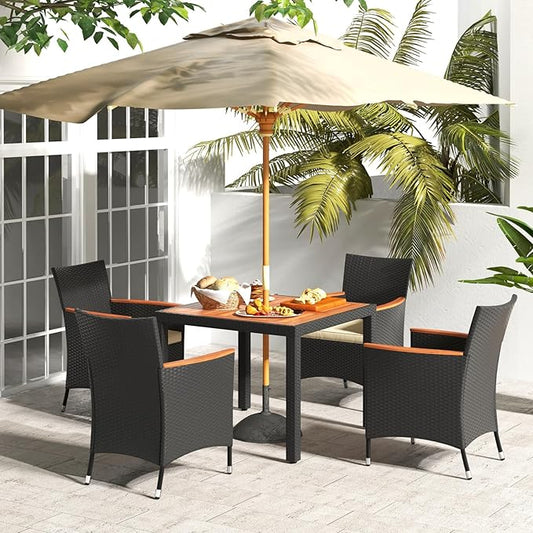 Tangkula 5 Pieces Patio Dining Table Set for 4, Rattan Conversation Set with Umbrella Hole, Seat Cushions & Acacia Wood Tabletop, Outdoor Dining Table with 4 Chairs for Backyard, Poolside & Deck