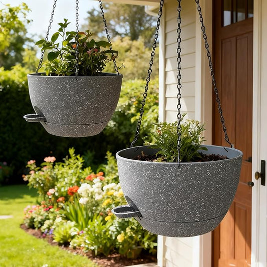 WOUSIWER Self Watering Hanging Planters, 2 Pack 12'' Plastic Pots with Drainage Holes & Reservoir Tray (Speckled Grey) | Indoor & Outdoor Use for Ferns, Ivy, Herbs, Succulents