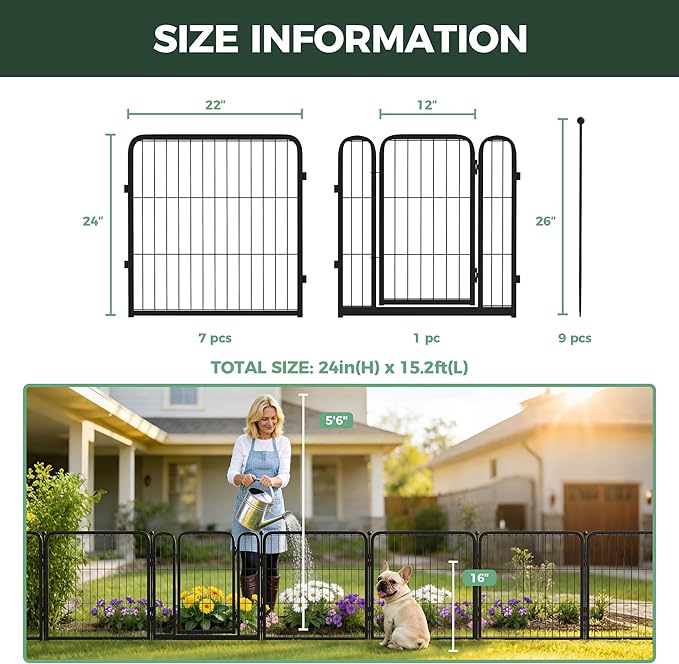 FXW Garden Fence Outdoor for the Yard – 24in(H) x 15.2ft(L) Heavy Duty Metal Animal Barrier for Dog, No Dig Decorative Dog Fence, 8 Panels, Black