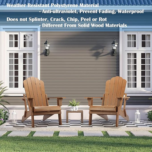 hOmeHua Folding Adirondack Chairs Set of 2, HIPS Foldable Adirondack Chairs Weather Resistant,Plastic Outdoor Chair for Patio, Backyard Deck, Fire Pit Lawn Porch (Wood Color)