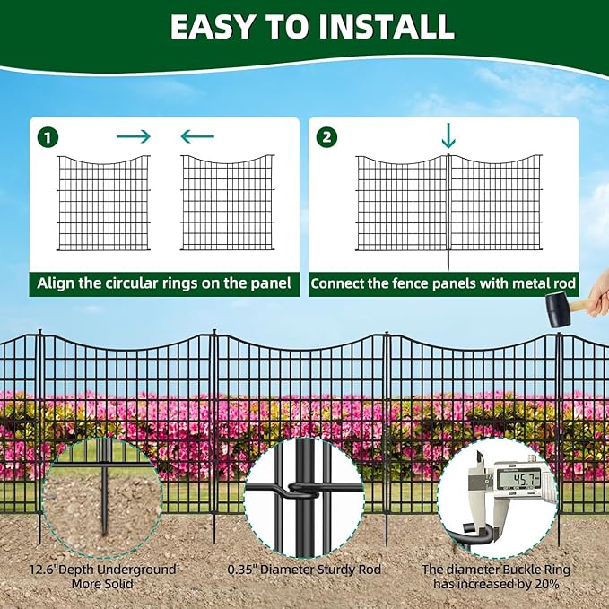 18 Panels No Dig Decorative Fence with Gate, 33 in(H) X 40.5 ft(L) Tall Garden Fence Animal Barrier, Rustproof Metal Wire Edging Border, Temporary Dog Fencing for Outdoor, Yard, Patio
