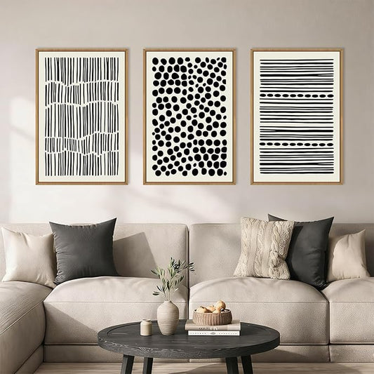 KAIRNE Abstract Black and White Framed Canvas Wall Art Set, Modern Geometric Wall Decor, Minimalist Line Art Prints, Neutral Boho Dots Artwork for Living Room, Bedroom, Farmhouse, Office -24"x36"x3