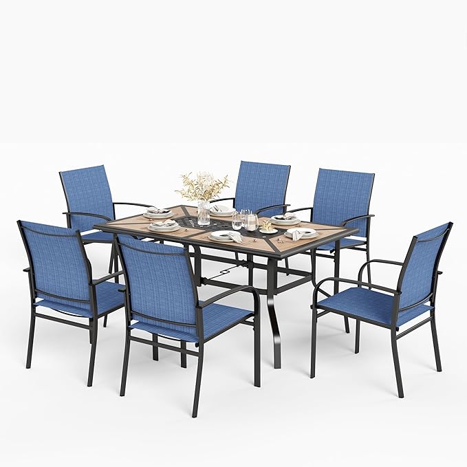 HERA'S HOUSE Patio Table and Chairs Set, 61" Rectangular Table with Umbrella Hole, 7 Pieces Outdoor Dining Furniture Sets with 6 Patio Chairs for Backyard Lawn Garden Porch(Blue)