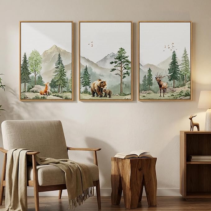 Framed Rustic Forest Animal Wall Art, 3 Piece Nature Landscape Deer Bear Fox Canvas Artwork for Modern Farmhouse, Watercolor Wildlife Woodland Painting Prints for Living Room Bedroom Nursery, 16x24
