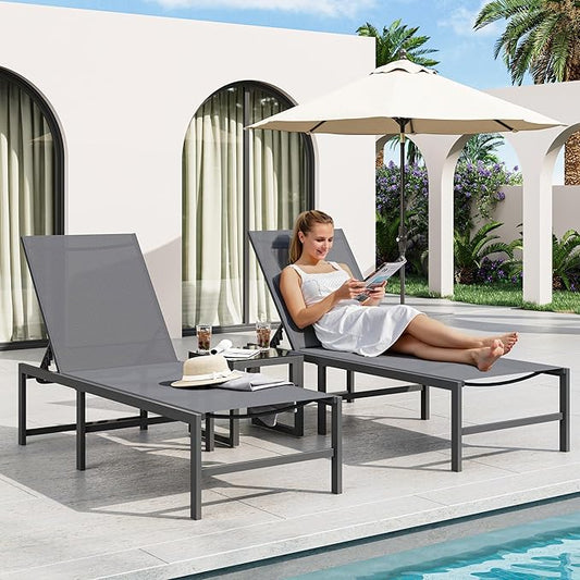 Amopatio Outdoor Lounge Chairs Poolside Chaise Lounge for Patio | Weather Resistant Rust Free Frame Breathable Textilene 5-Position Adjustable Backrest 400 LBS Capacity