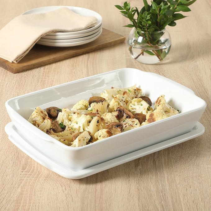 Gibson Home Gracious Dining 2.6-Qt White Stoneware Covered Baking Dish w/Multi-Purpose Lid – 12.7" x 9" Rectangular Oven Safe Casserole, Lasagna & Roasting Baker, Lid Doubles as Serveware or Trivet
