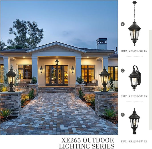 Emliviar 25" Lamp Post Light Fixture with Water Ripple Glass, Waterproof Outdoor Pole Light in Black Finish for Yard and Garden, XE265P-SW BK