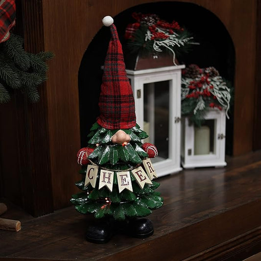 Alpine Corporation 28" Tall Christmas Tree Cheer Gnome Holiday Decoration with 20 Color Changing LED Lights, Multicolor