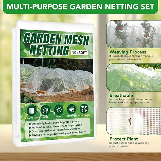 Garden Netting Kit for Raised Beds, 10x30FT Ultra Fine Mesh Netting &6 Sets Fiberglass Garden Hoops, Insect Netting for Garden Plant Row Cover Vegetable Flowers Protection Barrier