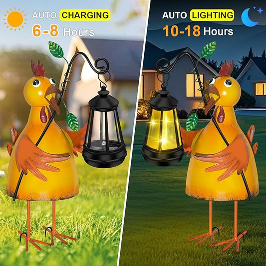 Solar Garden Decor Outdoor Statue, Metal Chicken with Solar Lantern for Outdoor, Yard, Patio Decor, Unique Birthday Gifts for Women Mom Grandma Cute Housewarming Gifts
