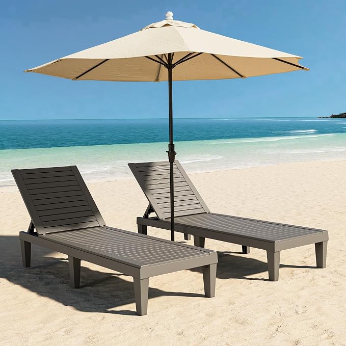 Outdoor Lounge Chair Set of 2, 5-Positions Adjustable Patio Chaise Lounges, Waterproof Tanning Chairs for Poolside, Backyard, Scratch-Resistant & Easy to Clean (Grey Striped, Set of 2)