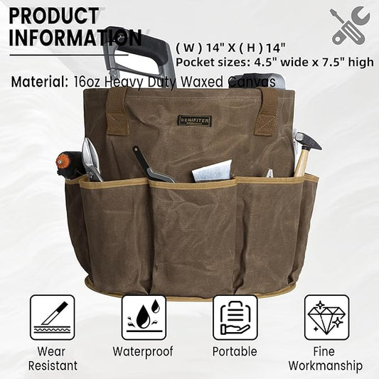 Heavy-Duty 16oz Waxed Canvas Tool Bag - 14" Foldable Open Top Organizer with Metal Frame, 8 Pockets & Reinforced Handle | Grey