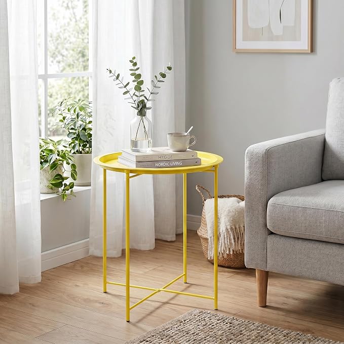 VECELO Side/End Table, Folding Round Metal Anti-Rust and Waterproof Outdoor or Indoor Tray for Living Room Bedroom Balcony and Office, 1 PCS,Yellow