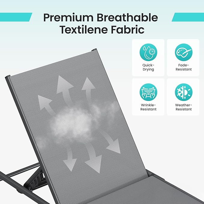 Amopatio Outdoor Lounge Chairs Poolside Chaise Lounge for Patio | Foldable & Portable & Stackble Weather Resistant Frame Breathable Textilene 5-Position Adjustable Backrest 400 LBS Capacity
