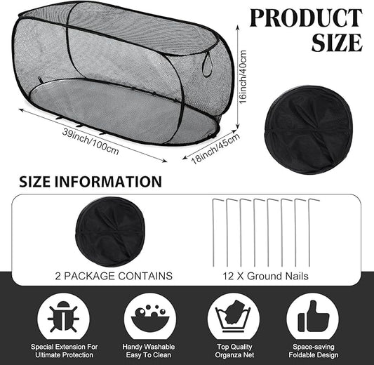 2 Pcs 39" x 18" x 16" Pop up Garden Mesh Plant Cover Outdoor Plant Protector Garden Row Raised Bed Cover with Ground Nails Crop Cage Net for Seedlings Vegetable Fruit Herbs (Black)