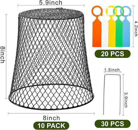 SOUJOY 10 Pcs Chicken Wire Plant Covers, 8 x 8 Inches Metal Garden Cloche with 30 Garden Stakes and 20 Waterproof Labels, Plant Protectors from Animals for Keeping Bunnies Chicken Squirrels Birds Out