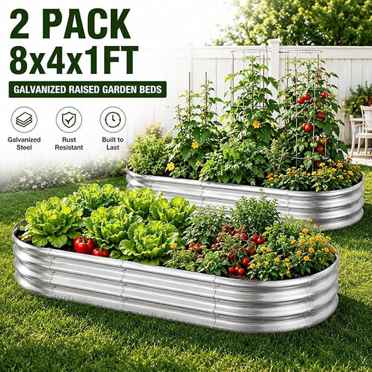 HOOPLE 2 Pack 8x4x1FT Galvanized Raised Garden Beds for Vegetables, Large Oval Metal Planter Box Outdoor, 32 Cu Ft Deep Open Bottom Garden Bed Kit for Backyard, Flowers, Herbs & Deep-Rooted Plants
