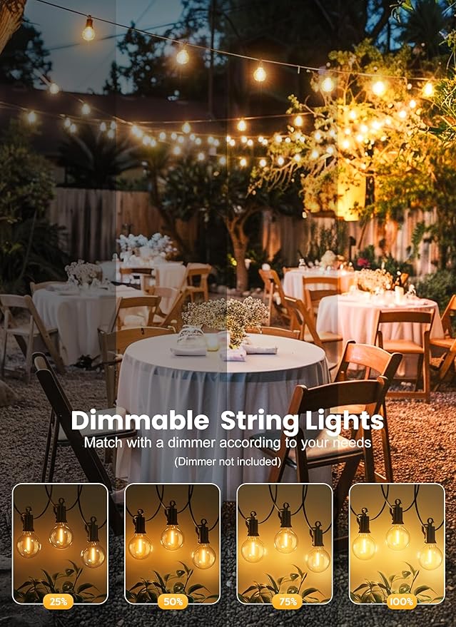 Brightown Outdoor String Lights, 25FT 12 G40 Bulbs Shatterproof Patio Lights, IP65 Waterproof Dimmable Hanging Connectable Globe LED Outdoor Lights for Backyard, Bistro, Porch, Deck, Balcony