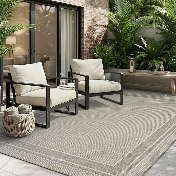 MontVoo-Outdoor Rug-Patio Rug 9x12 ft Polypropylene Indoor Outdoor Rugs Outdoor Carpet for Patio Deck Balcony Porch, Textured Weave, Durable for High Traffic, Fade-Resistant, Modern Silver Grey