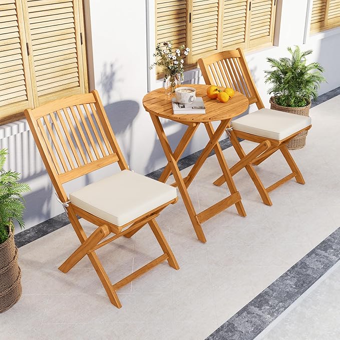 Tangkula 3 Pieces Acacia Wood Patio Folding Bistro Set, Outdoor Table and Chairs Set with Soft Cushions, Patio Furniture Set for Porch, Balcony, Garden, Deck and Backyard