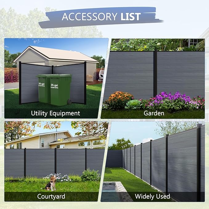 6 Feet×6 Feet Privacy Fence, Outdoor Wood Plastic Composite Fence Panel, Waterproof Security Barriers Fencing (Gray with One 7.6FT Post)