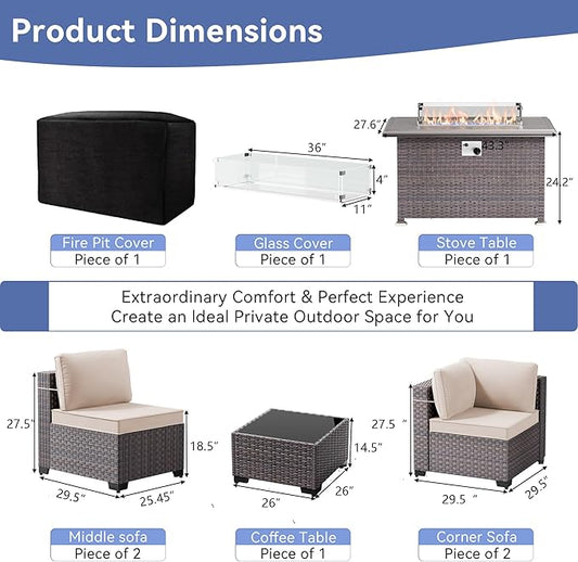 9 Pieces Outdoor Patio Furniture Set with 43" 55000BTU Gas Propane Fire Pit Table & Swivel Rocking Chairs, PE Wicker Rattan Outdoor Sectional Patio Set, Outdoor Patio Conversation Set, Khaki