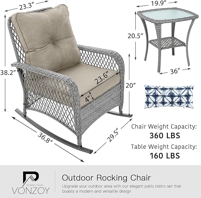 Patio Furniture Set 3 Pieces, Rocking Bistro Set with Thick Cushions, Grey Wicker Outdoor Rocker Chairs and Coffee Table for Porch, Backyard or Garden (Grayish White)