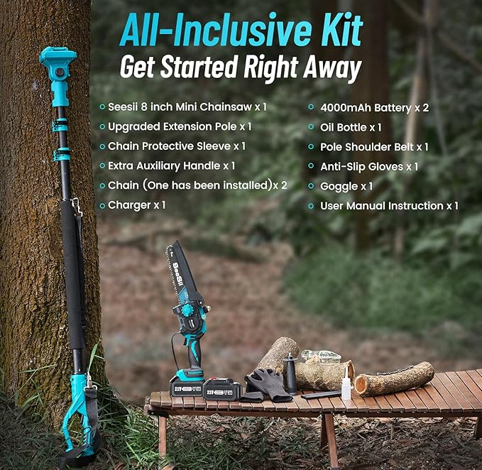 SEESII 2-in-1 Electric Pole Saws for Tree Trimming, 8 Inch Brushless Mini Chainsaw with Extension Pole, Cordless Pole Chain Saw, Tree Trimmer Limb Branch Cutter Pruner with 2 x 4.0Ah Batteries, PS810