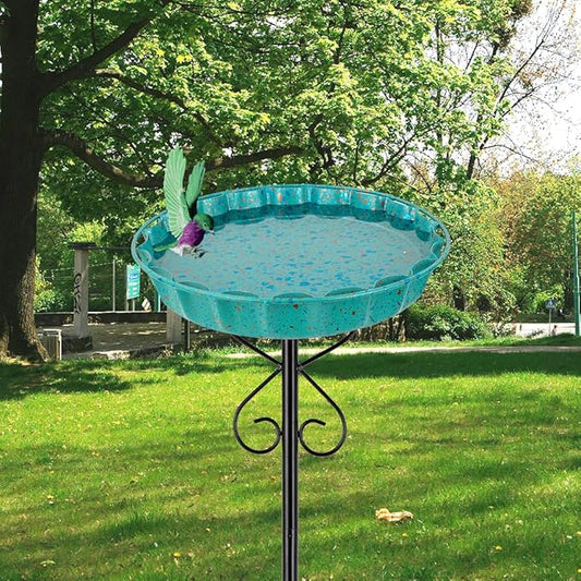 Metal Bird Bath for Outside,Cyan Bird Baths & Feeder with Hummingbird Pattern Metal Disc 5-Pronged Base Stakes for Outdoors,Birdbath for Garden,Patio,Lawn Decor