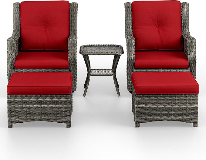 5 Piece Patio Furniture Wicker Conversation Set, 2 Swivel Chairs, 2 Ottomans with 1 Side Table, for Outdoors, Backyard, Deck, Red