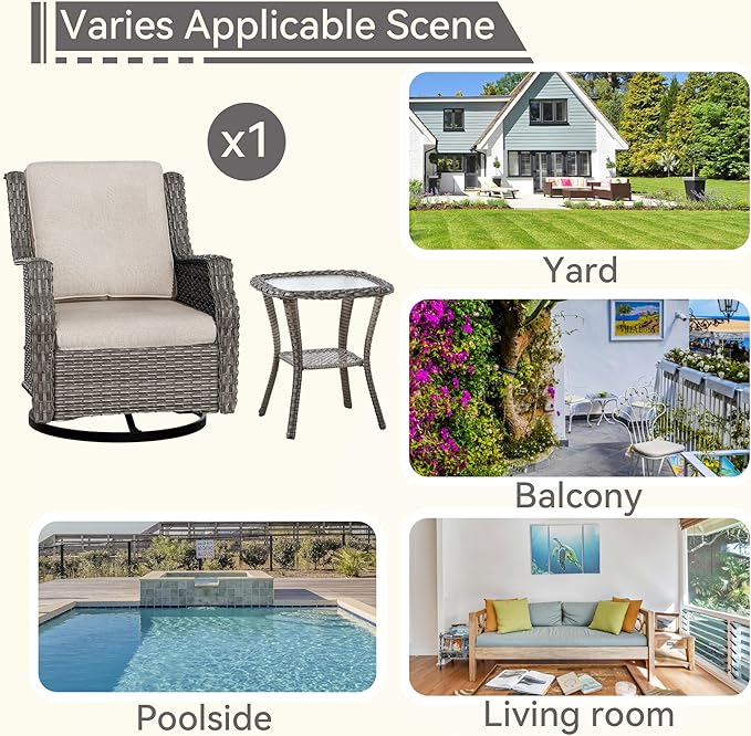 Outdoor Swivel Rocker Patio Chair with Matching Side Table - 360 Degree Patio Swivel Glider Chair with 3.5" Olefin Cushions(Mixed Grey/Beige)