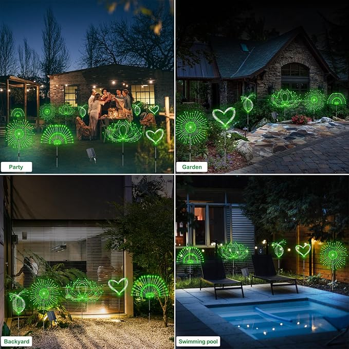 Slyuexu Solar Garden Lights Outdoor Waterproof, 4 Pack Total 480 LED Solar Firework Lights Decorative with 8 Lighting Modes Outside for Yard Pathway Flowerbed Decor, Green