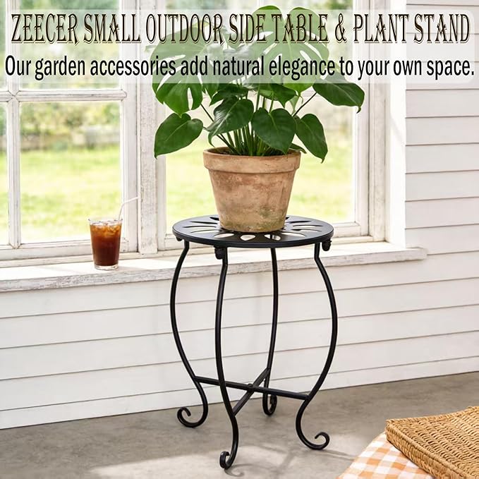 MINI Outdoor Side Tables, 10" Round 15" Tall Patio Side Table Plant Stand, Set of 1 Metal Small Round Side Table for Patio Yard Porch Balcony Garden Bedside Indoor Outdoor Use