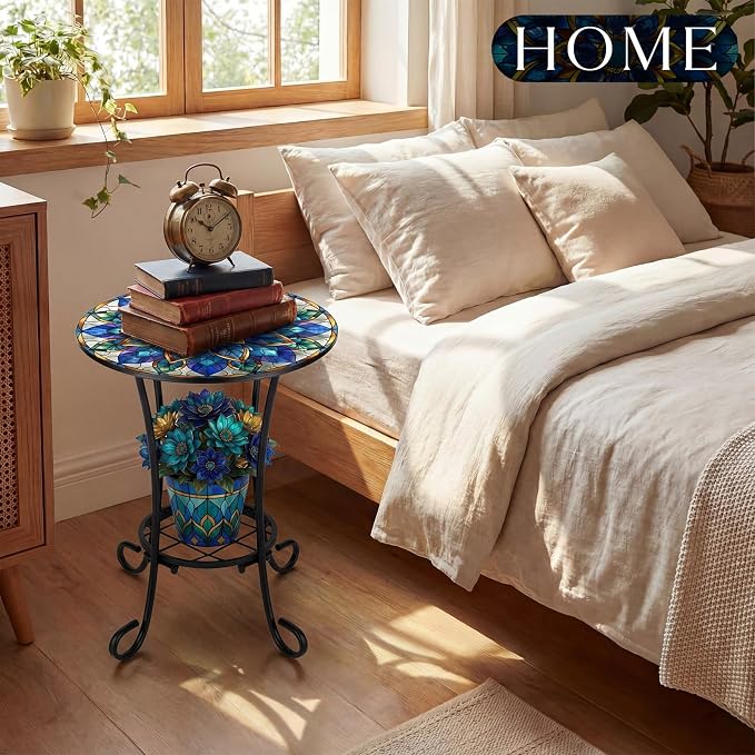 Cinnvoice Outdoor Side Table 2-Tier Round Small Mosaic Patio Accent Indoor End Plant Coffee Tea Table for Yard Patio Porch Garden Living Room, Bedroom (Mandala Style,14 Inch)