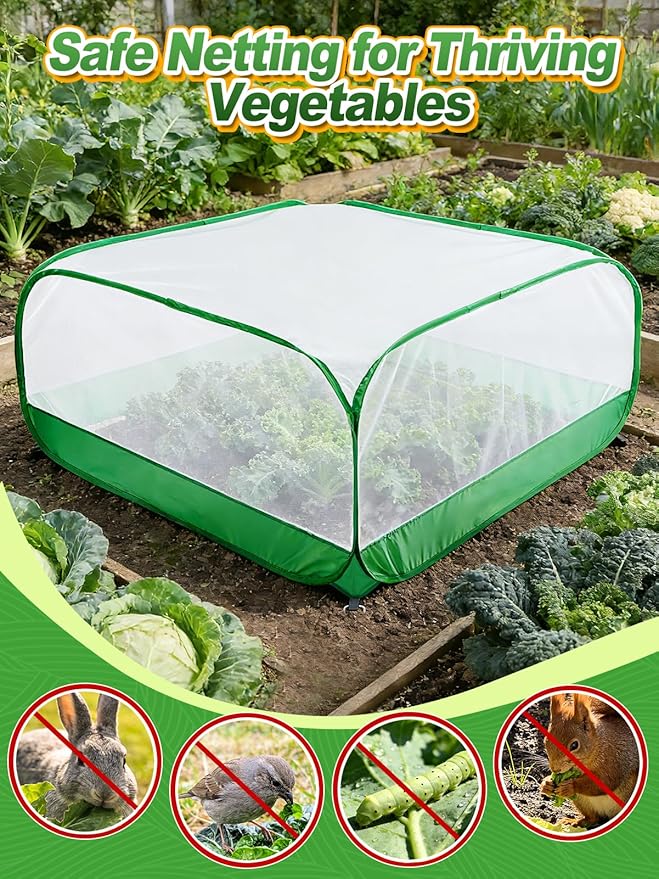 Pop Up Garden Netting for Square Raised Beds - 3.3'L x 3.3'W x 1.65'H Ultra Fine Mesh Net Plant Cover with 4 Stakes, Protection for Vegetables Fruit from Birds Pests