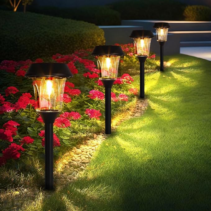 Solar Lights Outdoor Waterproof, Glass & Stainless Steel LED Stake Lamps, Dimmable 12/25 Lumens IP65, Auto On/Off Solar Powered Lighting for Patio, Sidewalk, Front Yard, Walkway (4 Pack Warm White)