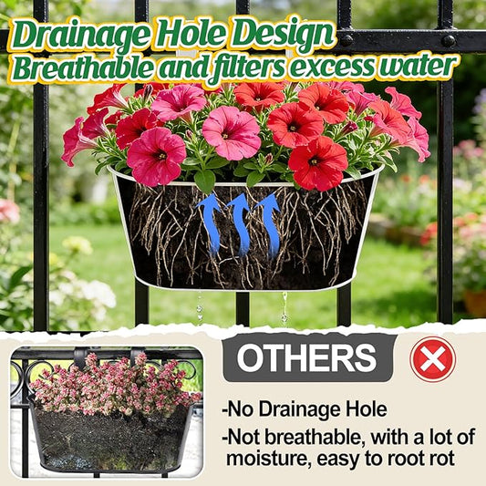 MADHOLLY Railing Planter with Drainage Holes - Sturdy Bucket Pots for Railing Fence, Countryside Style Metal Flower Pots for Herbs Balcony Garden Yard Decor, 2Pcs, White