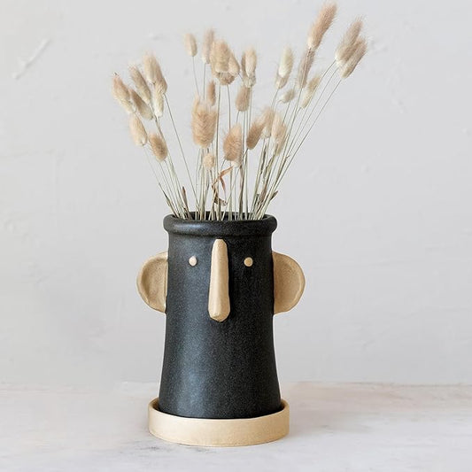 Creative Co-Op Stoneware Face Planter with Saucer, Set of 2, Matte Black and Cream, 9"