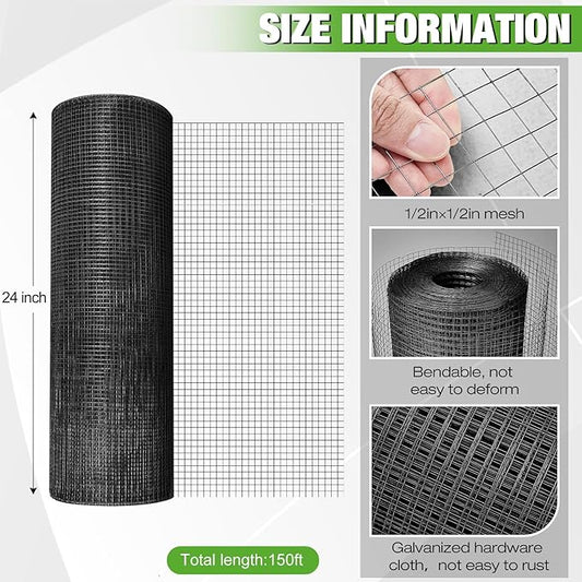 Tatuo Hardware Cloth 1/2 Inch 24 in x 200 ft Hot Dip Galvanized After Welded Cage Mesh Rolls 21 Gauge Metal Chicken Wire Roll Wire Fencing Poultry Netting for Raised Garden Rodent Animals(Black)