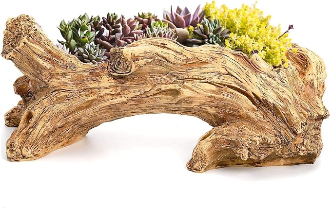 Artificial Driftwood Planter, Resin Tree Root Stump Succulent Pot with Drainage Hole, Vintage Log Shape Container for Cactus Herbs, Rustic Home Garden Decoration (14.6 Inch)