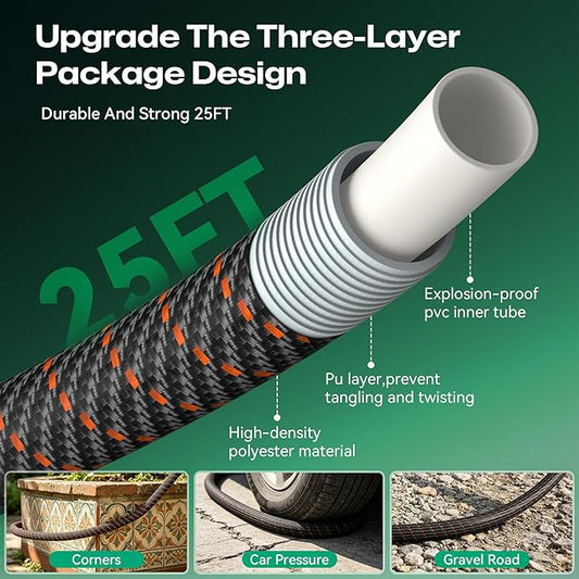 Garden Hose 25ft NON-EXPANDABLE Water Hose, 3-Layer Lightweight Nylon Braided Hose for Yard, Car Wash & Pet Shower, 600 PSI Burst Heavy Duty Kink-Free with 10-Way Nozzle & 3/4" Brass Fittings