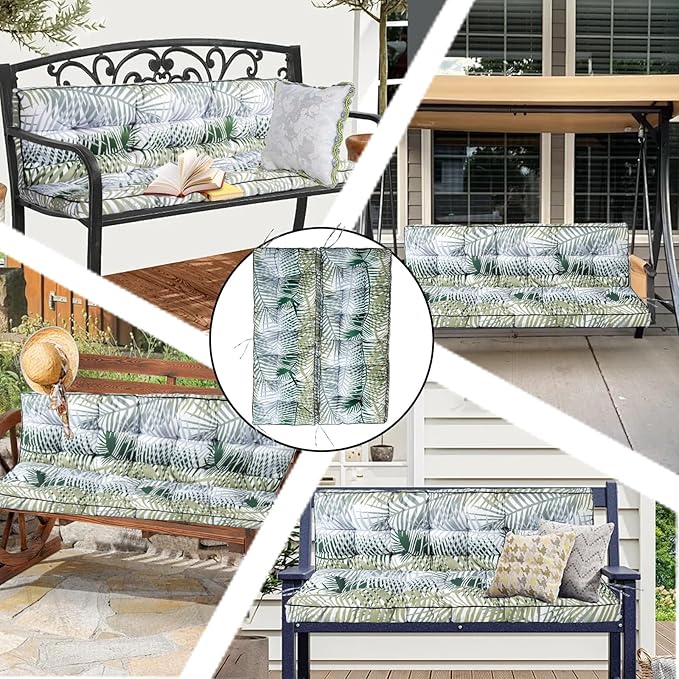 Porch Swing Cushion Three Seat, Waterproof Swing Cushions Replacement with Backrest, Outdoor Garden Furniture Patio 4" Thickened Cushions with Ties (Bamboo Leaves, 40 x 63in)