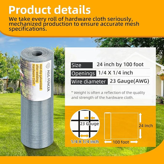 24inch x 100ft Hardware Cloth 1/4 inch Chicken Wire Fencing 23Ga, Hot Dipped Galvanized After Welding Garden Plant Supports Welded Metal Chicken Wire Fence Poultry Animal Netting Cage Screen