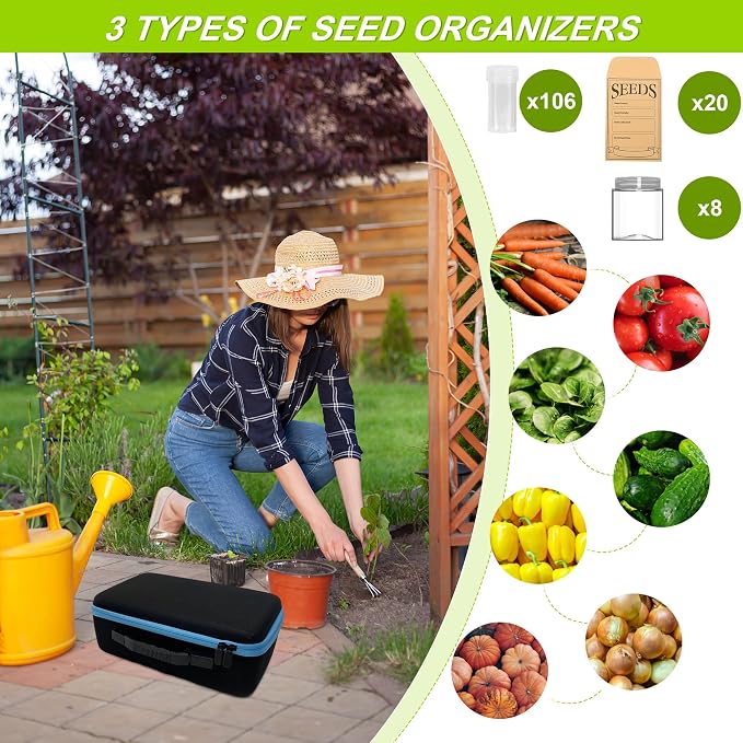 114 Slots Seed Storage Organizer Box with 20 Envelopes, Large Capacity Seed Storage Container with Zipper Bag, Label Stickers, Tweezers, Funnel, Garden Seeds Saver Kit for Vegetable, Flower