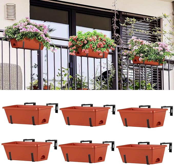 ETELI Railing Planter Box 6 Pack Balcony Planters Railing Hanging with Metal Brackets Window Boxes Deck Rail Planter for Outdoor Indoor Porch Garden Patio, Red & Black