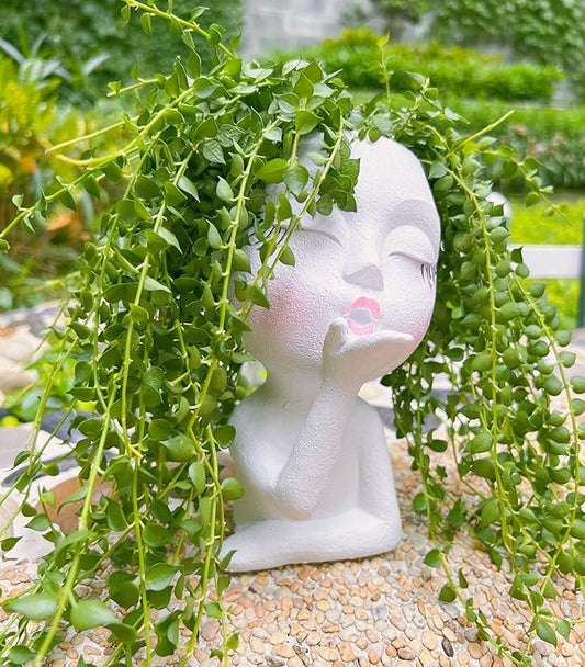 Handmade Face Flower Pots Standing Air Kiss Head Planter Pot for Trailing Plants Cute Succulent Planter Resin Planters Funny Face Planters with Anti-Friction Pads White 1Pack
