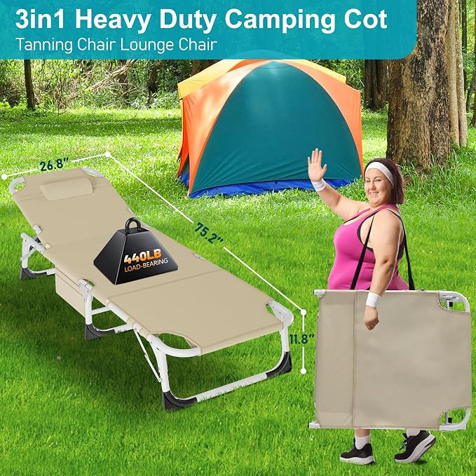 ABORON 3-in-1 Tanning Chair, 5-Position with Face and Arm Holes | 5-position reclining chair includes a removable mat, pillow, face hole and arm slots; folds flat for beach or patio use.