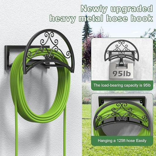 OLV Garden Hose Holder, Heavy Duty Water Hose Holder Wall Mount Holds 125-ft Water Pipe, Decorative Detachable Metal Hose Hanger Storage Organizer Reel Rack for Outside Lawn Yard Farm, Black